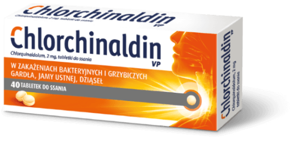 Chlorchinaldin VP packshot - do stosowania w zakażeniach bakteryjnych i grzybiczych gardła, jamy ustnej i dziąseł