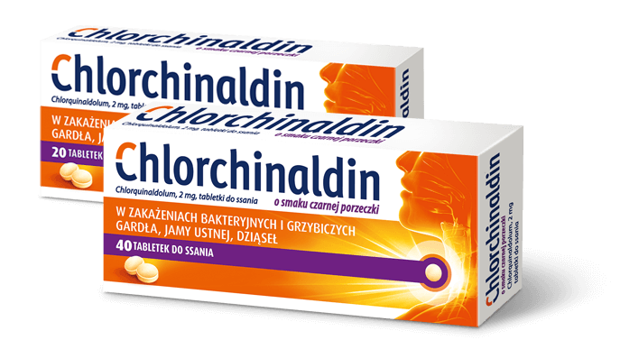 Chlorchinaldin o smaku czarnej porzeczki packshoty opakowań 20 i 40 tabletek - do stosowania w zakażeniach bakteryjnych i grzybiczych gardła, jamy ustnej i dziąseł