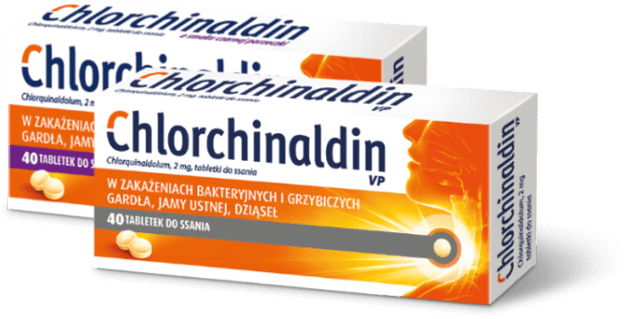 Chlorchinaldin o smaku czarnej porzeczki i VP packshoty opakowań 40 tabletek - do stosowania w zakażeniach bakteryjnych i grzybiczych gardła, jamy ustnej i dziąseł