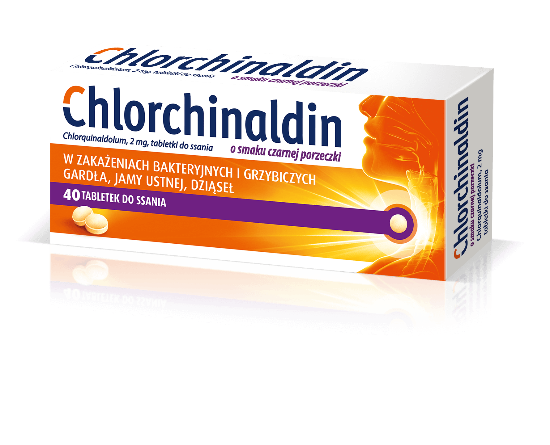 Chlorchinaldin o smaku czarnej porzeczki packshot - do stosowania w zakażeniach bakteryjnych i grzybiczych gardła, jamy ustnej i dziąseł